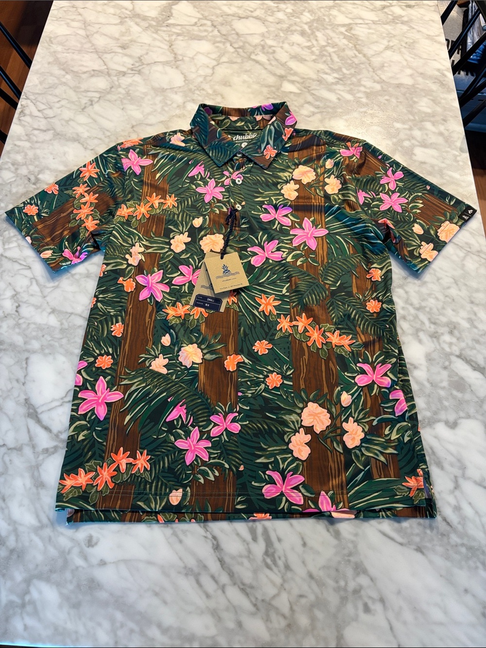 chubbies Green Tropical Floral Polo with Pink & Orange Flowers